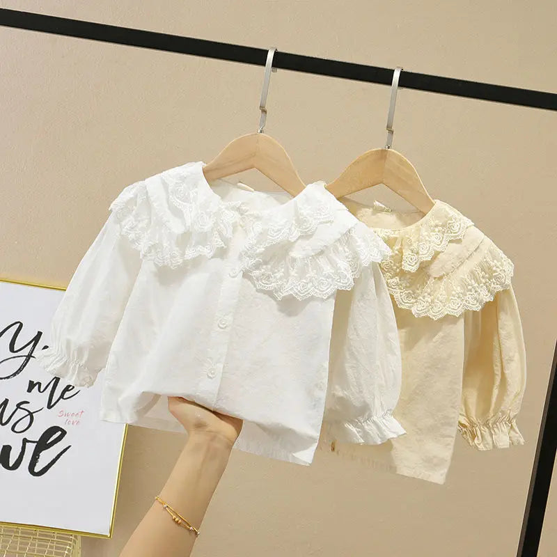 Toddler Girls Lace Design Turn Down Collar Shirts childrensterritory