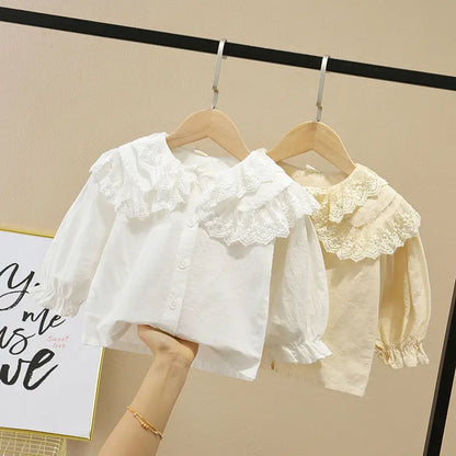Toddler Girls Lace Design Turn Down Collar Shirts childrensterritory