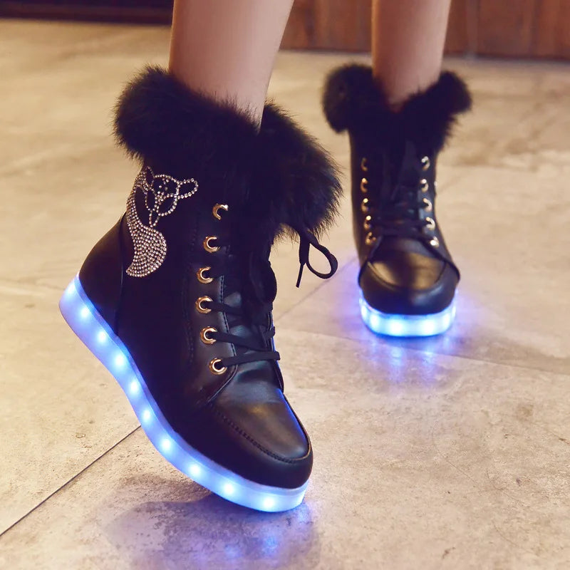 Kids Girls PU Leather Warm USB Charge Glowing Shoes childrensterritory