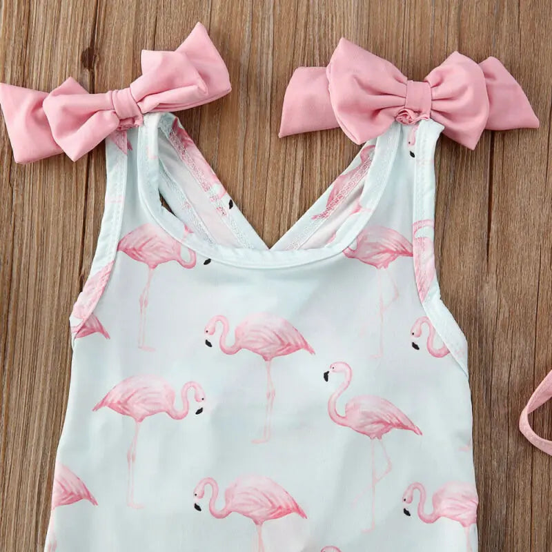 Little Girls Flamingo Print Backless Onepiece Swimsuit And Hat Set