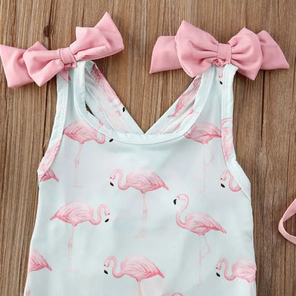 Little Girls Flamingo Print Backless Onepiece Swimsuit And Hat Set