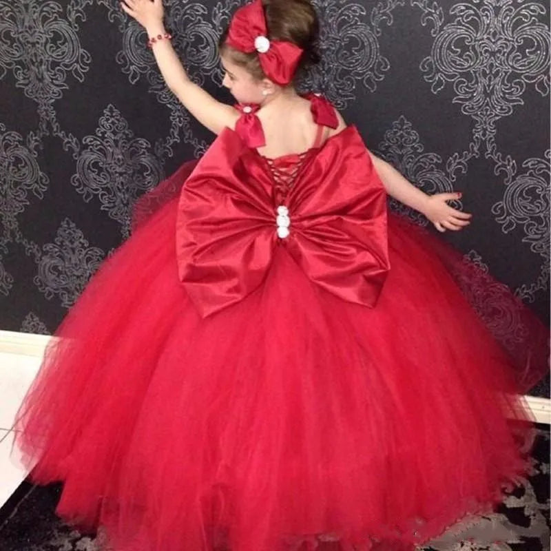 Little Girls Red Tulle Princess Birthday Party Dress with Big Bow childrensterritory