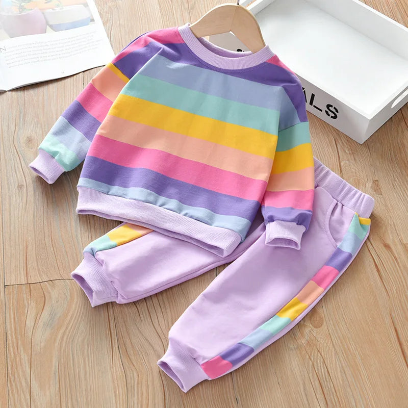 Little Girls Rainbow Striped Design Causal Sport Clothing Sets childrensterritory