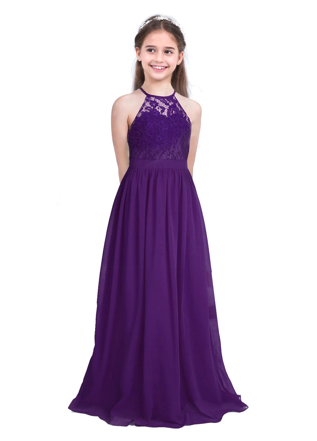 Kids Girls Halter Lace Design Chiffon Long Prom Ball Gowns