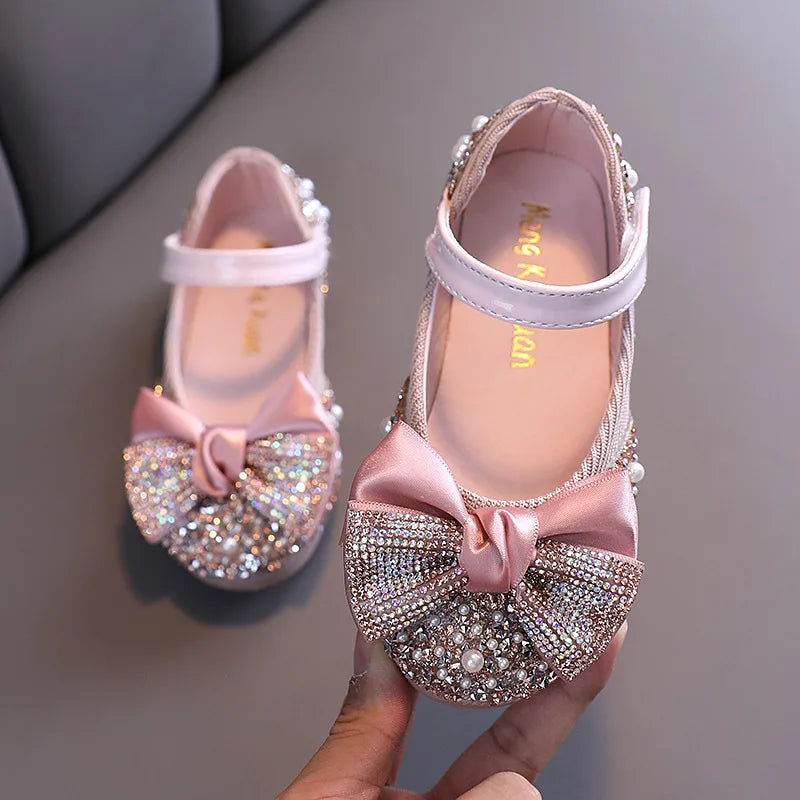 Girls Princess Bow Rhinestone Design Leather Shoes
