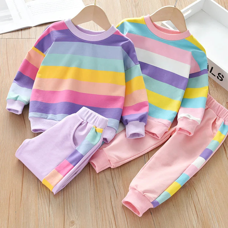 Little Girls Rainbow Striped Design Causal Sport Clothing Sets childrensterritory