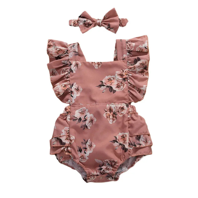 Little Girl Round Neck Printed Ruffle Swimsuit and Headband