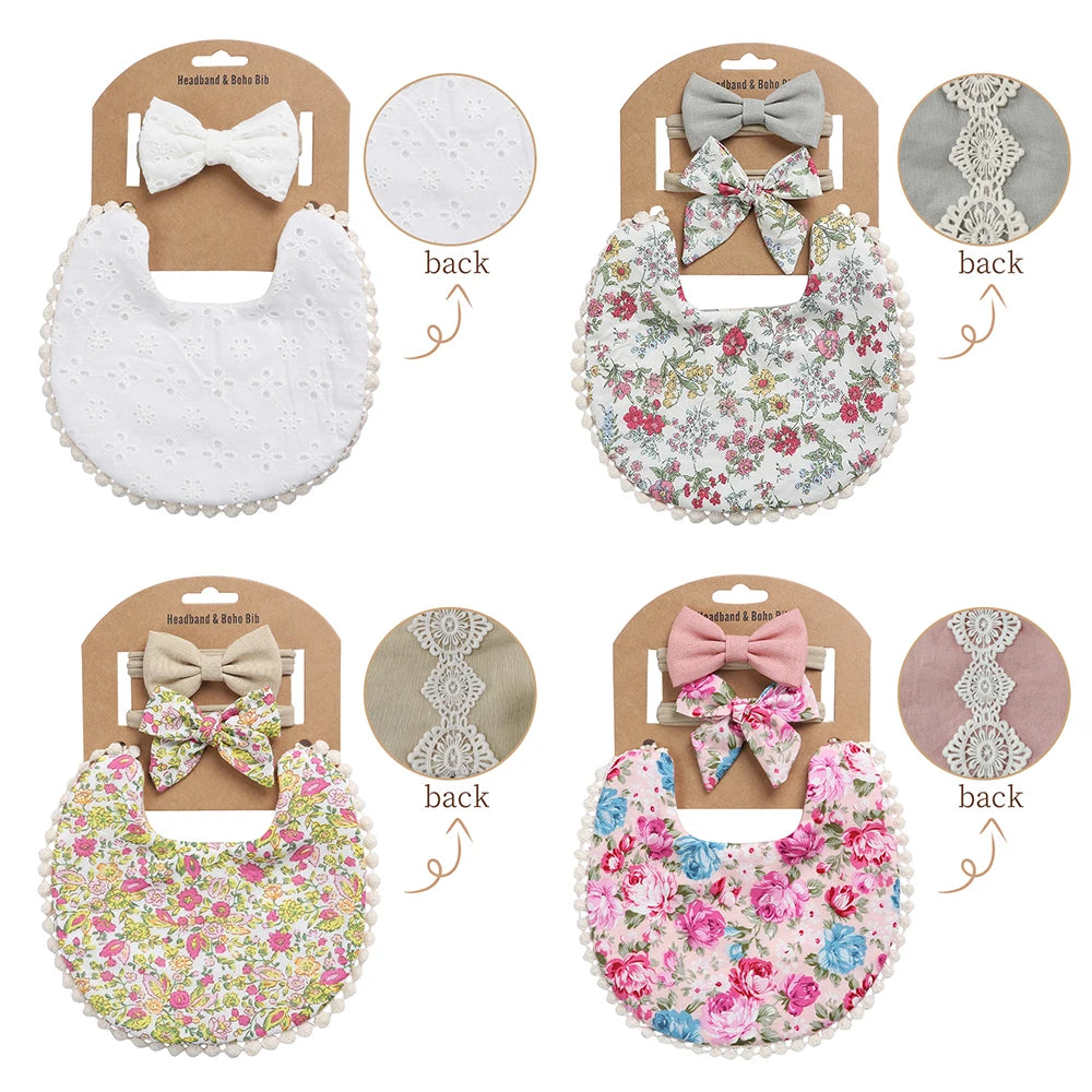 4Sets/Lot Floral Infant Burp Clothes with Bow Tie Headband childrensterritory