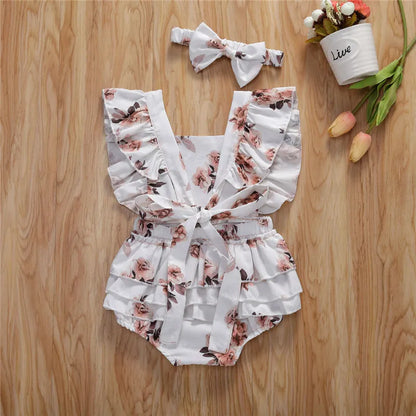 Little Girl Round Neck Printed Ruffle Swimsuit and Headband