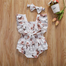 Little Girl Round Neck Printed Ruffle Swimsuit and Headband