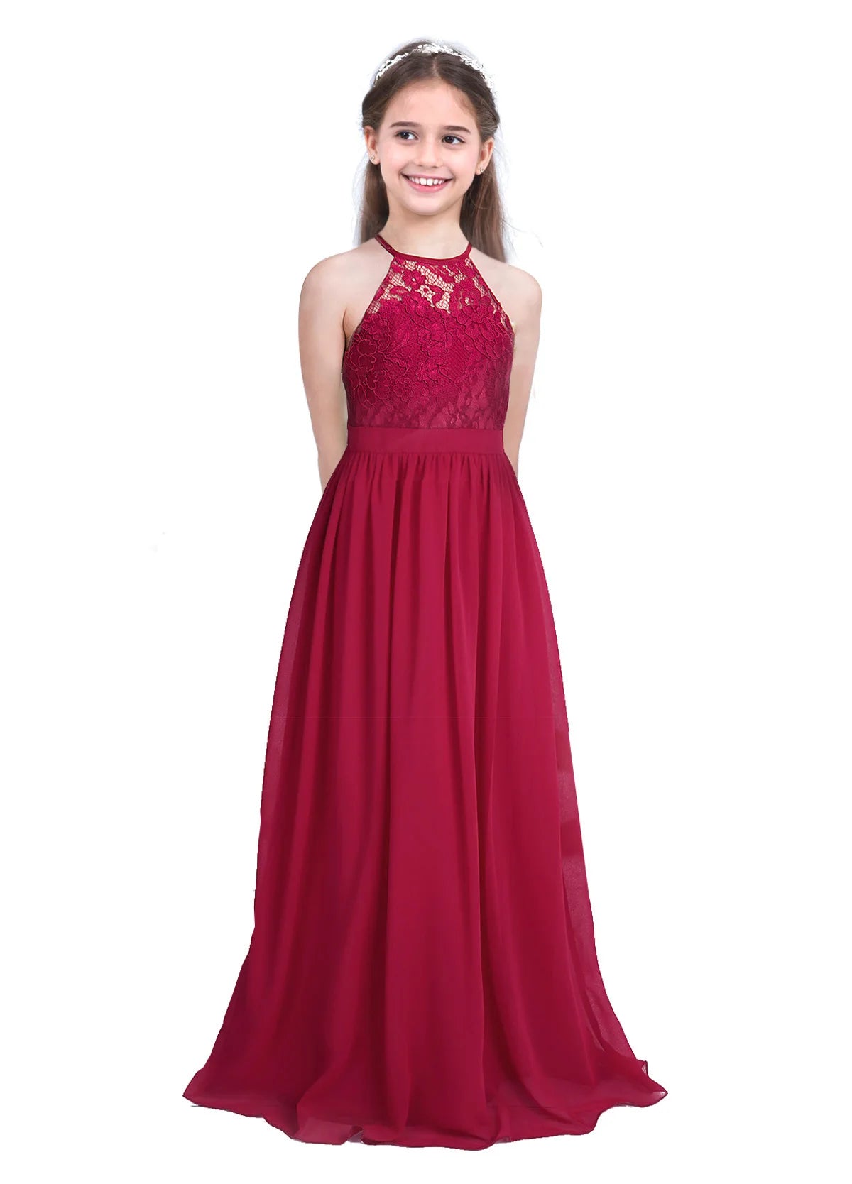 Kids Girls Halter Lace Design Chiffon Long Prom Ball Gowns