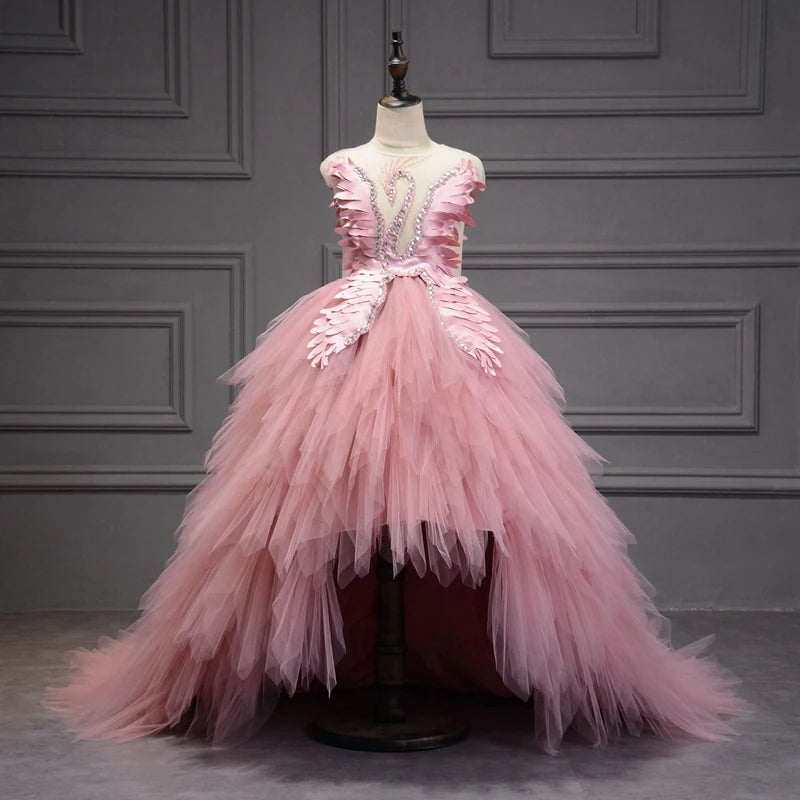 Kids Girls Elegant Crystal Swan Design Pageant Dress with Trail childrensterritory