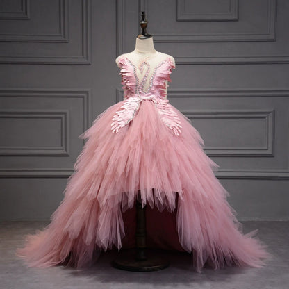 Kids Girls Elegant Crystal Swan Design Pageant Dress with Trail childrensterritory