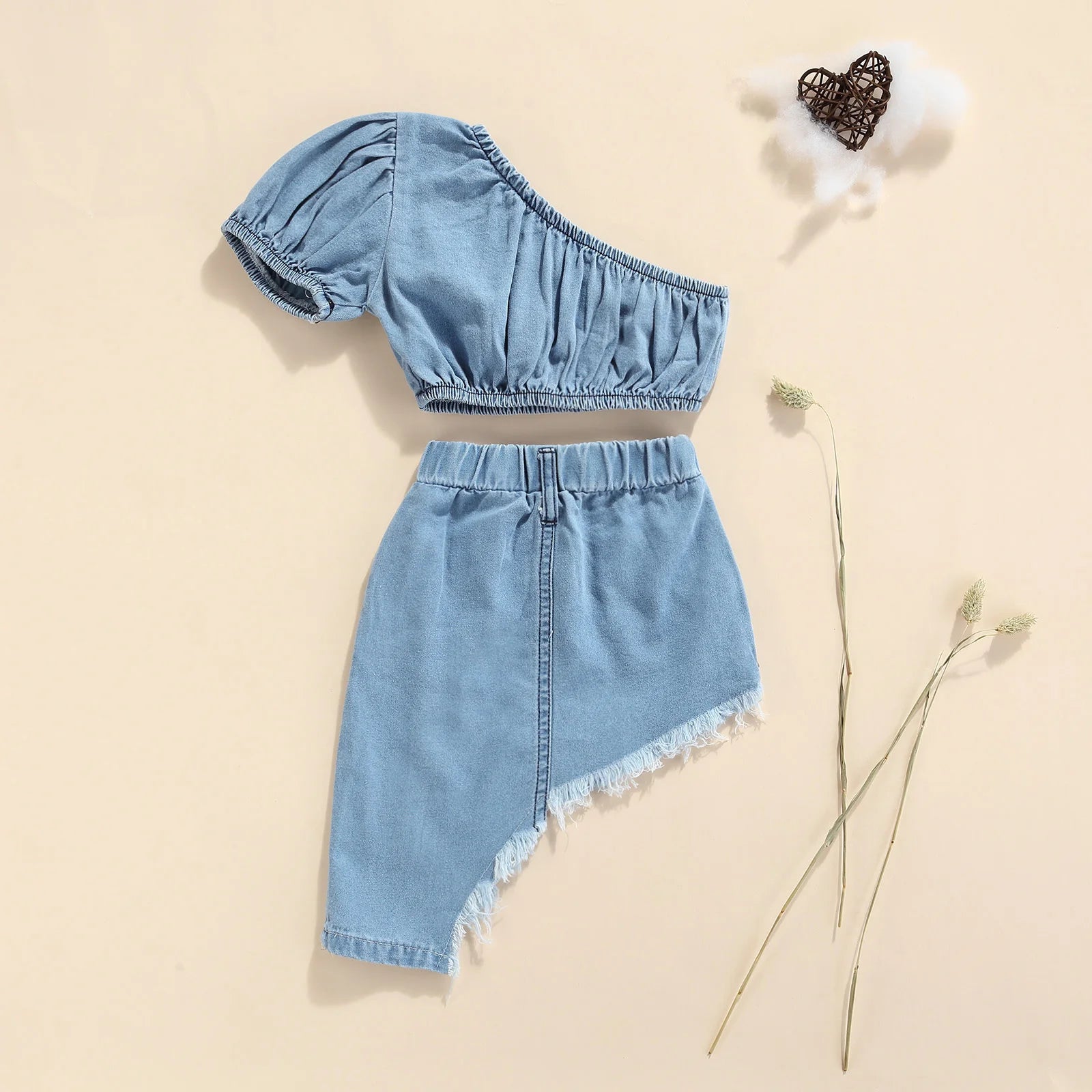 Kids Girls One Shoulder Denim Tops and Irregular Hem Skirt Set childrensterritory
