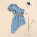 Kids Girls One Shoulder Denim Tops and Irregular Hem Skirt Set childrensterritory