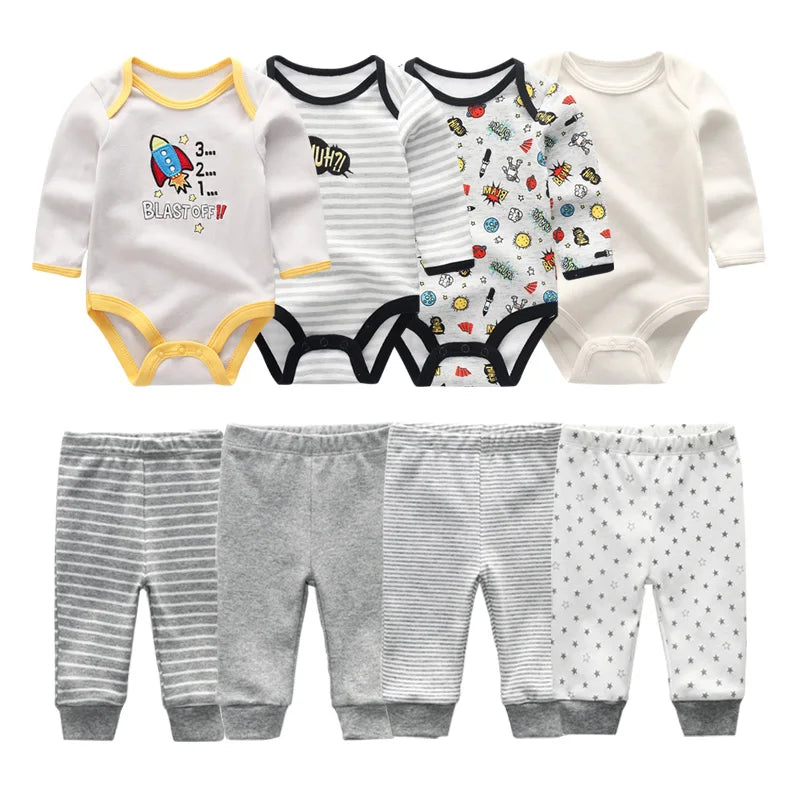 Newborn Baby Cartoon Print 6/8Pieces Soft Bodysuits+Pants Sets childrensterritory