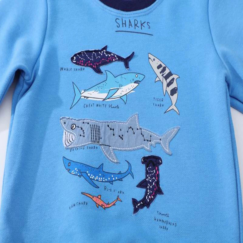 Shark Embroidery Pattern Long Sleeves Sweatshirts for Kids