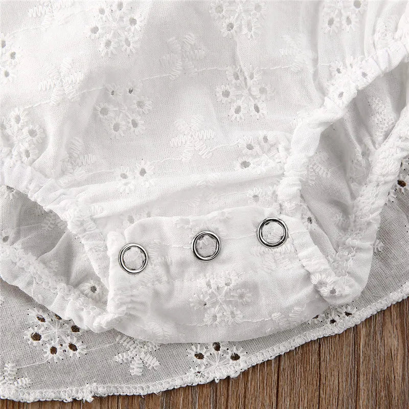 Backless Eyelet Baby Girl Romper Dress with Headband