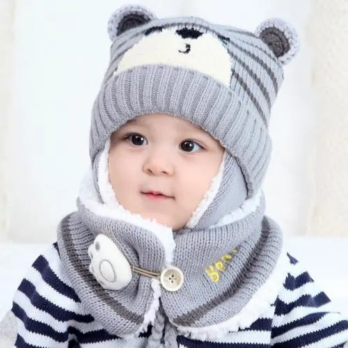 Cartoon Bear Striped Knit Woolen Scarf Cap for Baby childrensterritory