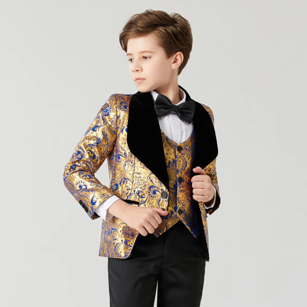 Kids Boy 3PCS Floral Design Blue Gold Communion Suit childrensterritory