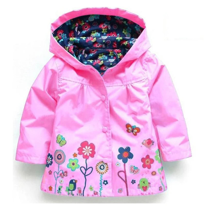 Long Sleeve Flower Print Waterproof Kids Hoodie Windcoat