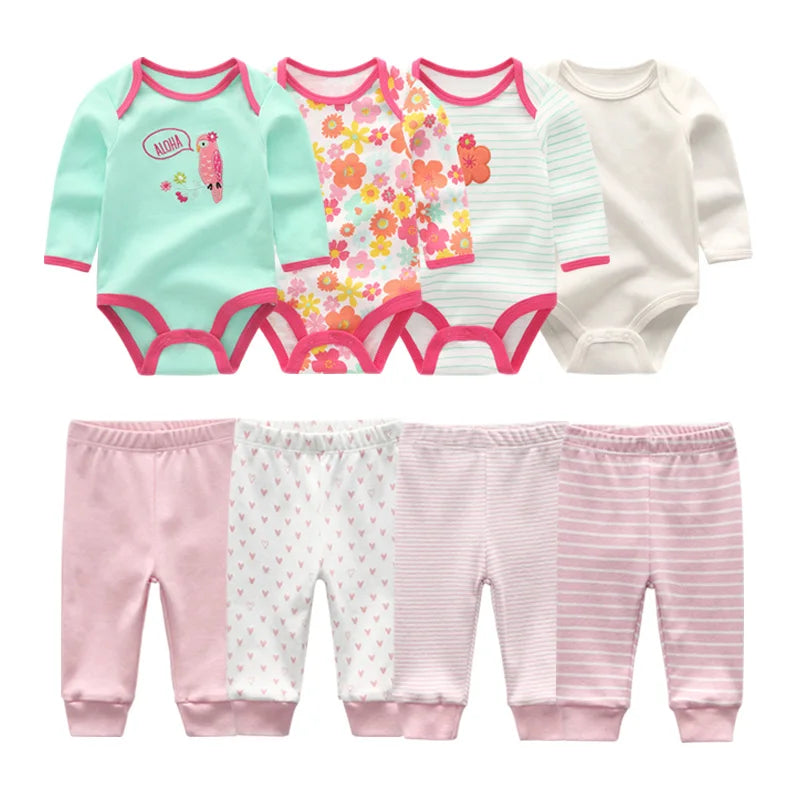 Newborn Baby Cartoon Print 6/8Pieces Soft Bodysuits+Pants Sets childrensterritory