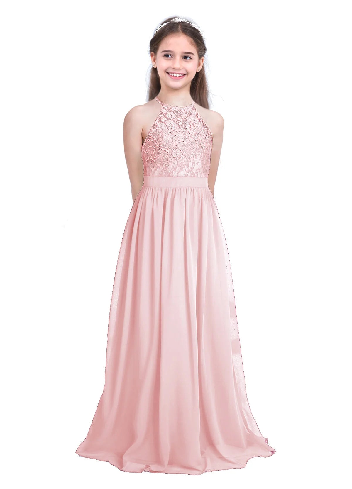 Kids Girls Halter Lace Design Chiffon Long Prom Ball Gowns