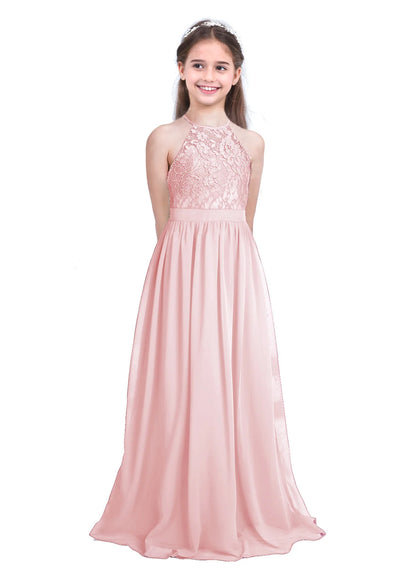 Kids Girls Halter Lace Design Chiffon Long Prom Ball Gowns childrensterritory