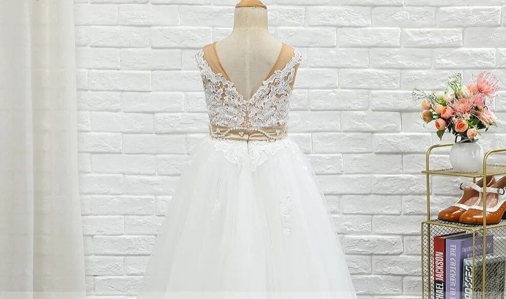 Kids Girls Nude Crystal Pearls Belt First Communion Dresses childrensterritory