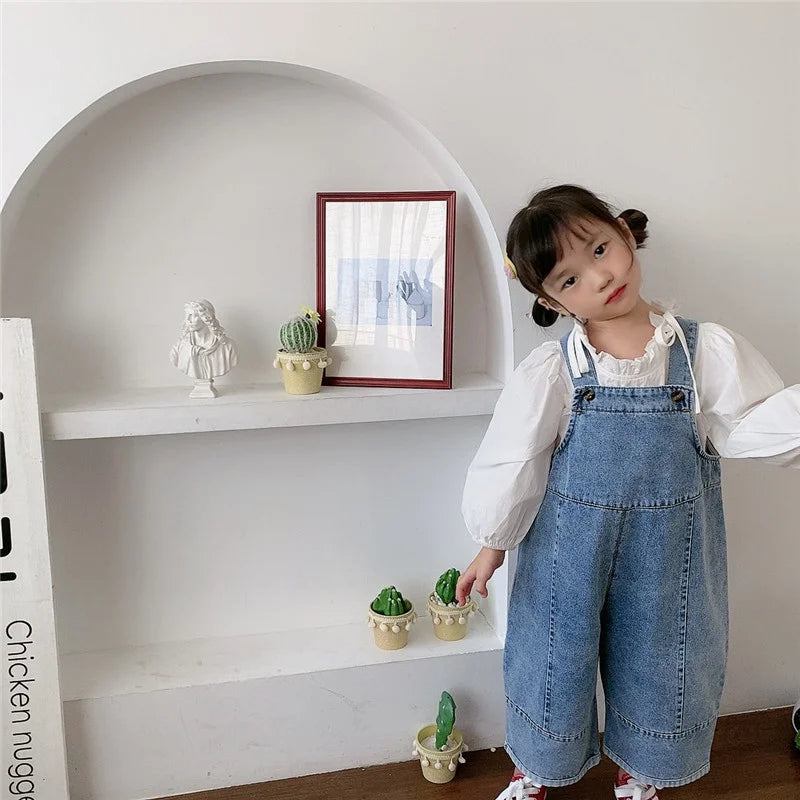 Korean Style Kids Oversized Wide Leg Denim Overalls Casual Pants childrensterritory