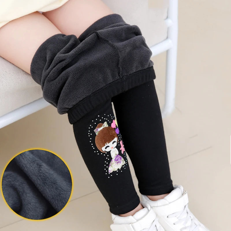 Cartoon Girl Pattern Winter Thick Warm Fleeced Pants For Girls childrensterritory