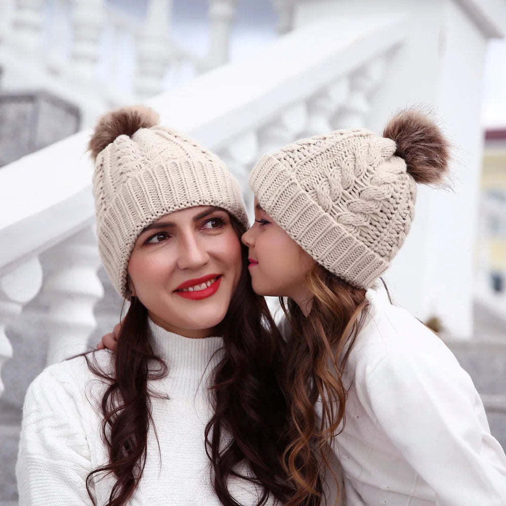 Mother Kids Matching Knitting Pom Bobble Hat/Beanie