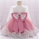 Girls' Long-Sleeved Flower Lace Bow Design Party Dresses childrensterritory