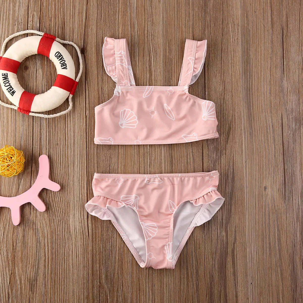 Baby Girls Cute Print Ruffle Top+Bottom Swimsuit