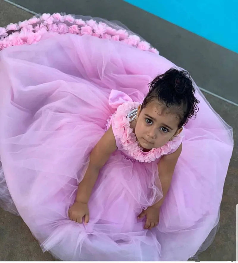 Gorgeous Tulle 3D Flowers Design Little Girls Birthday Party Gowns childrensterritory