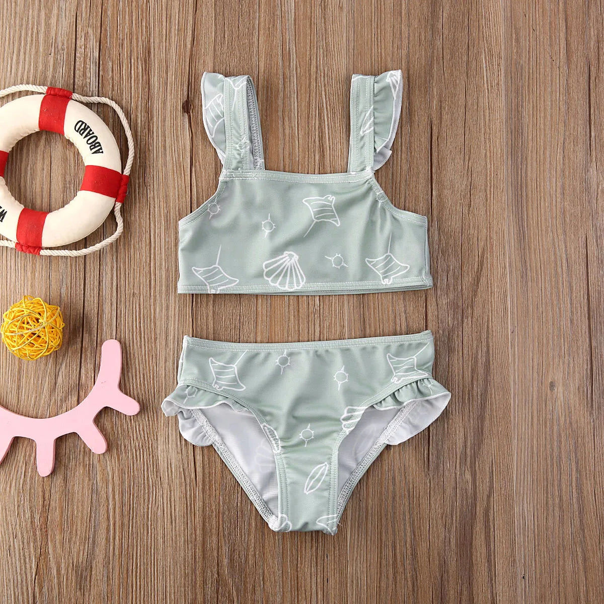 Baby Girls Cute Print Ruffle Top+Bottom Swimsuit
