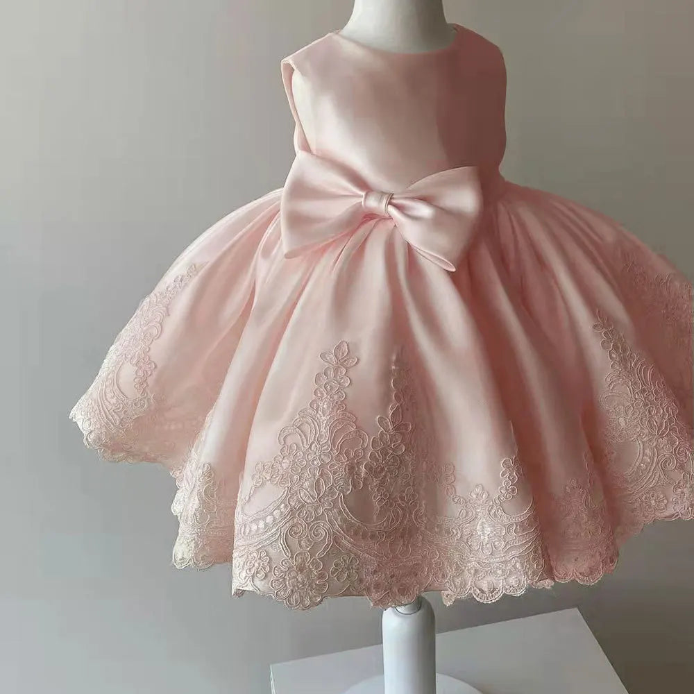 Sleeveless Bow Design Solid Lace Party Dresses For Girls childrensterritory