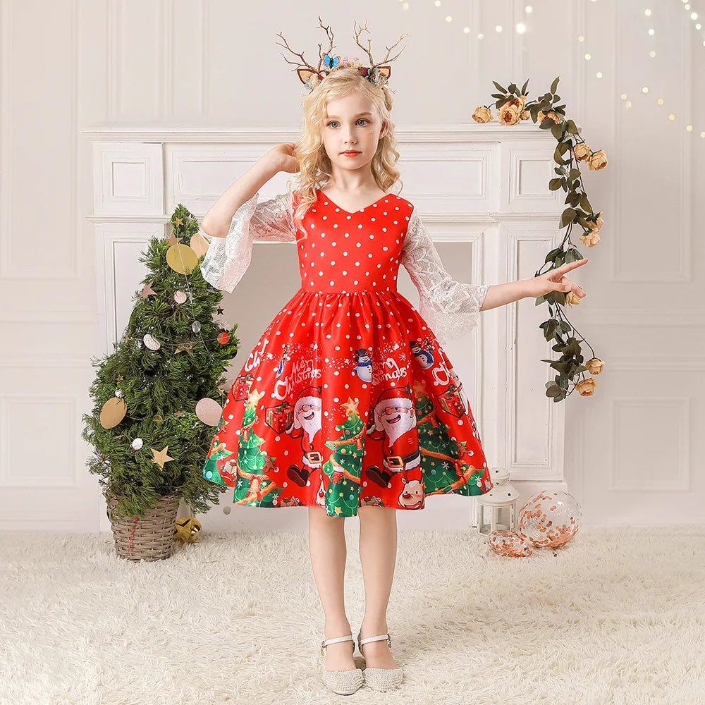 Girls Printed Santa Claus Christmas Party Dress