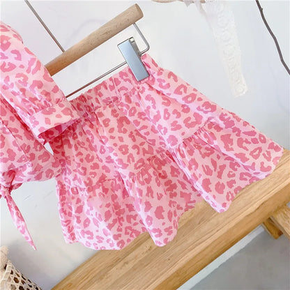 Kids Girls Leopard Print Top and Skirt Summer Clothing Set