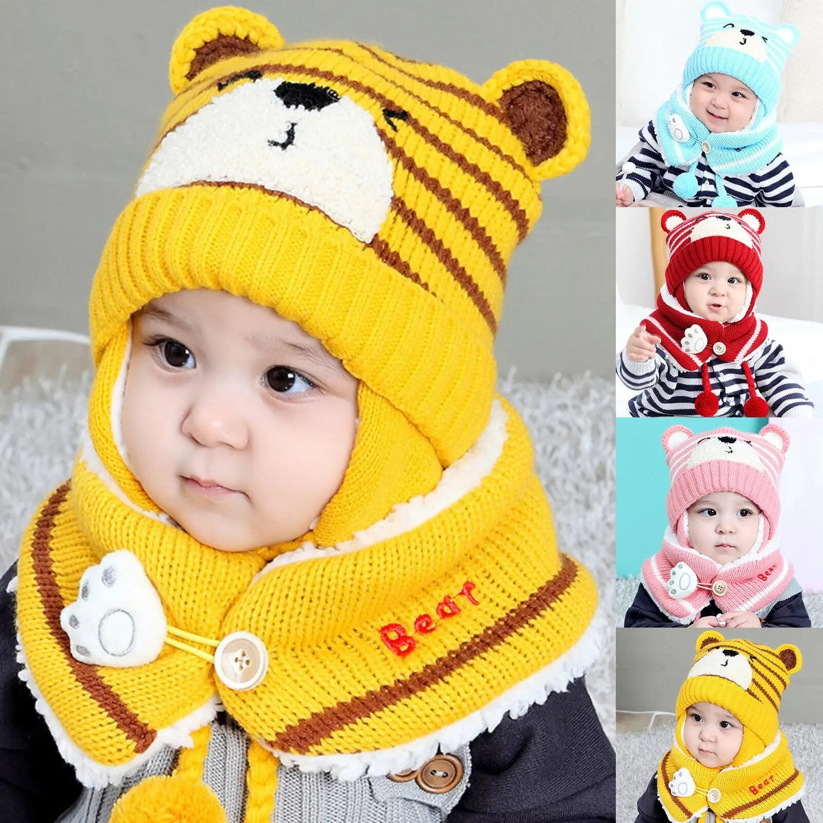 Cartoon Bear Striped Knit Woolen Scarf Cap for Baby childrensterritory