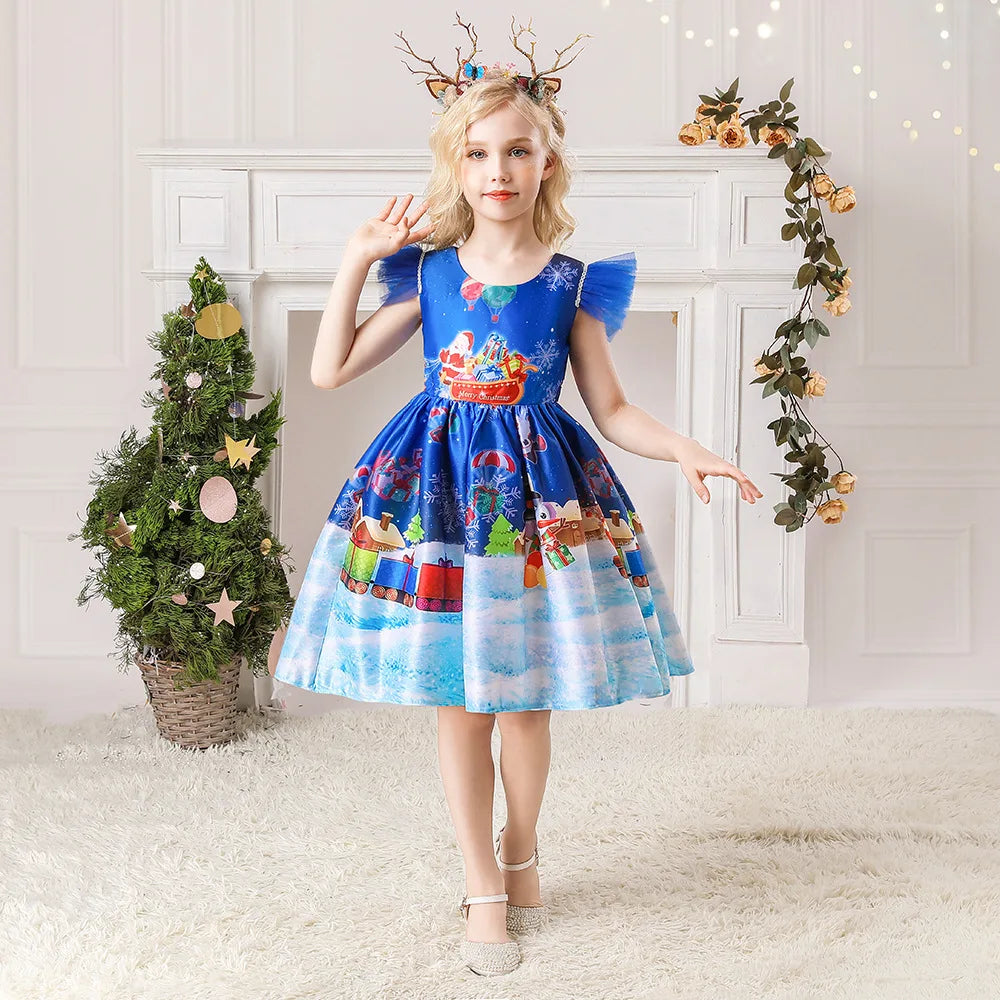 Girls Printed Santa Claus Christmas Party Dress
