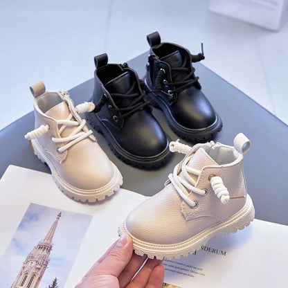 Kids Solid British Style Warm Short Leather Boots childrensterritory