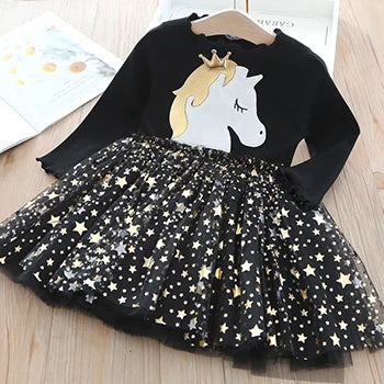 Kids Girls Unicorn Design Sequin Mesh Princess Dresses
