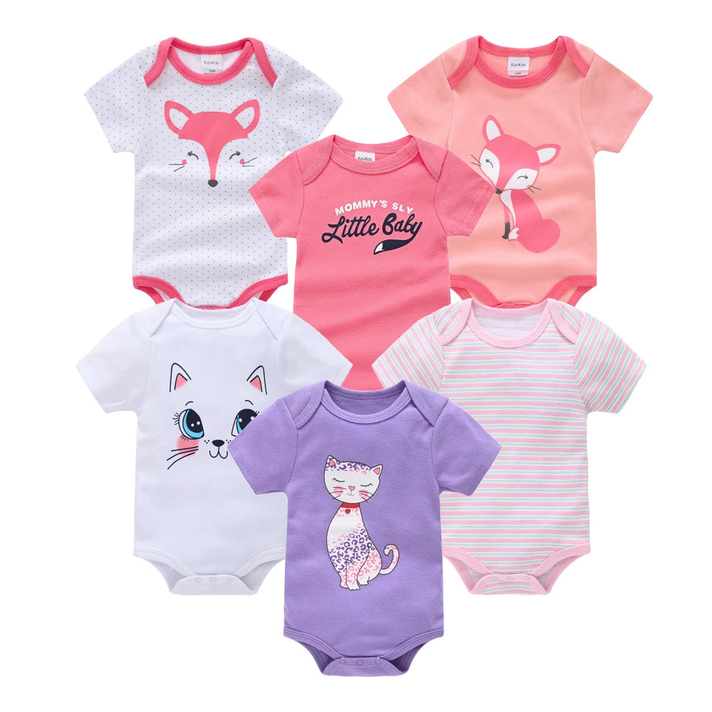 6 pcs/lot Baby Girls Cartoon Print Bodysuits for Summer childrensterritory