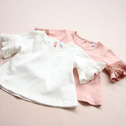 Kids Girls Round Neck Lace Trumpet Sleeve Summer Tops childrensterritory