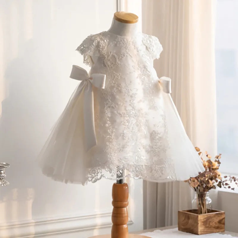 Kids Girl Lace Embroidery and Bow Design Formal Dress childrensterritory
