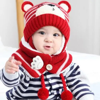 Cartoon Bear Striped Knit Woolen Scarf Cap for Baby childrensterritory