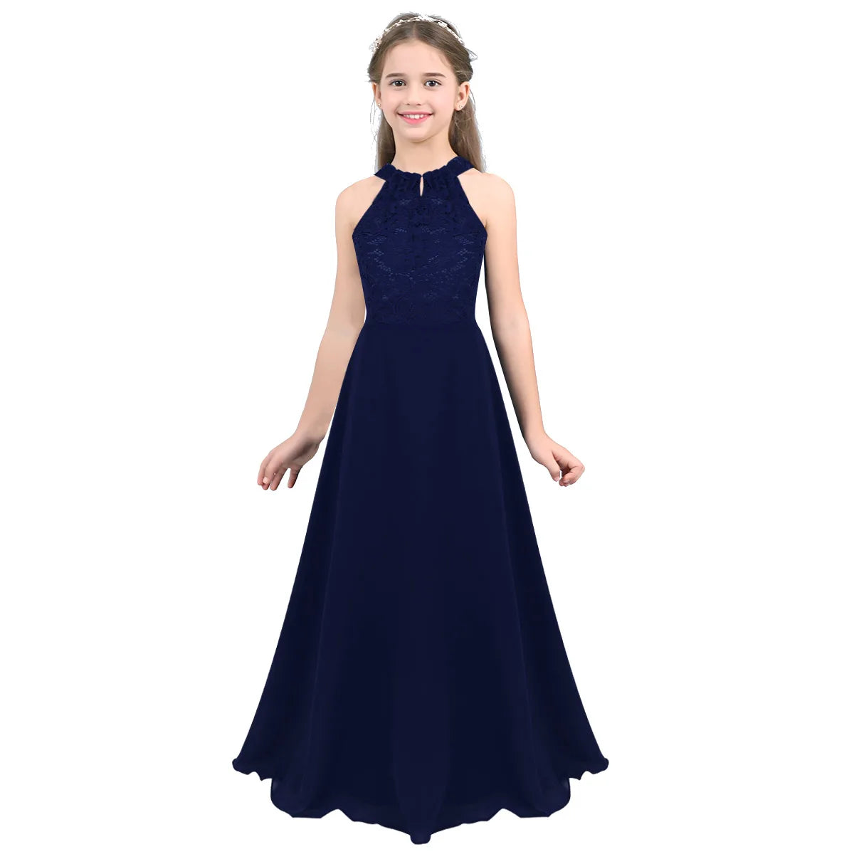 Kids Girls Halter Lace Design Chiffon Long Prom Ball Gowns