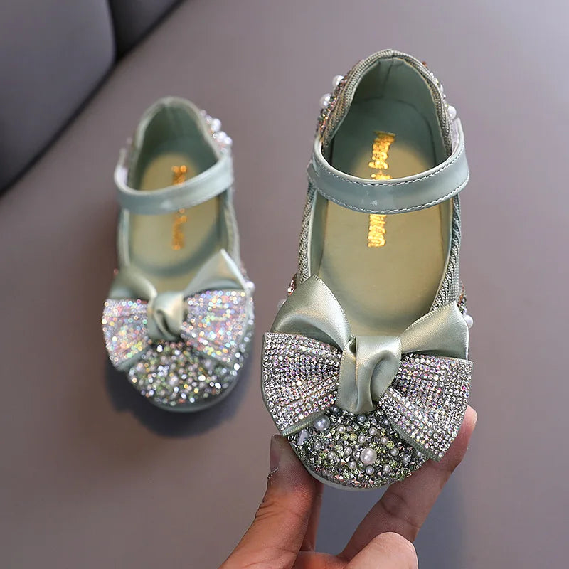 Girls Princess Bow Rhinestone Design Leather Shoes