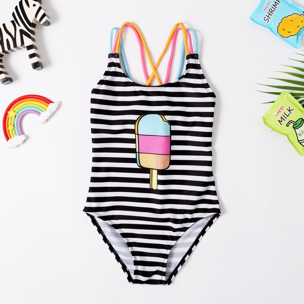 Ice Cream Printed Kids Girls Striped Beachwear Bodysuit childrensterritory
